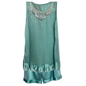 Vintage 1990s Nylon Pajama Sleep Short Set- Aquamarine W/ Butterfly Embroidery M